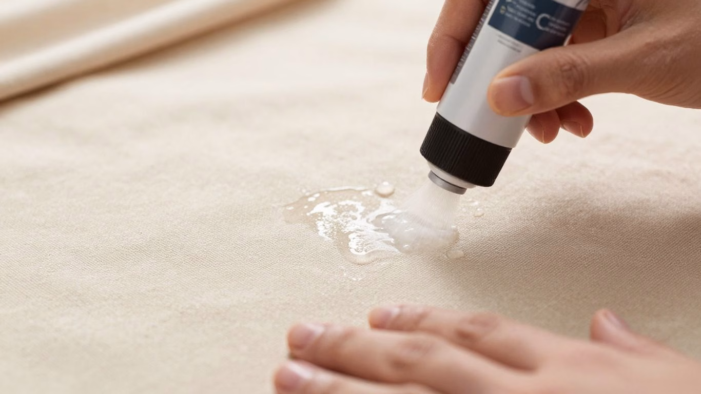 Hands spraying waterproofing solution onto canvas fabric.