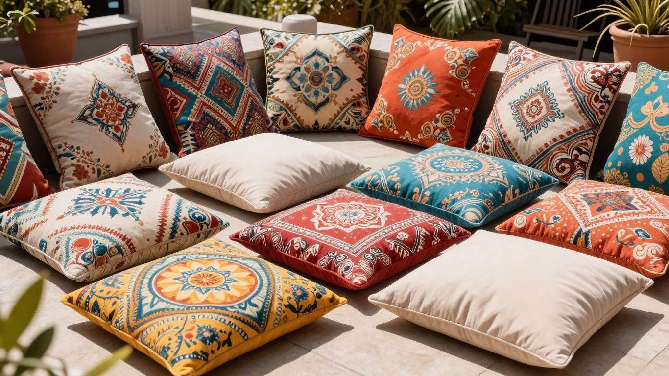 Colorful patio cushions on a sunny outdoor patio.