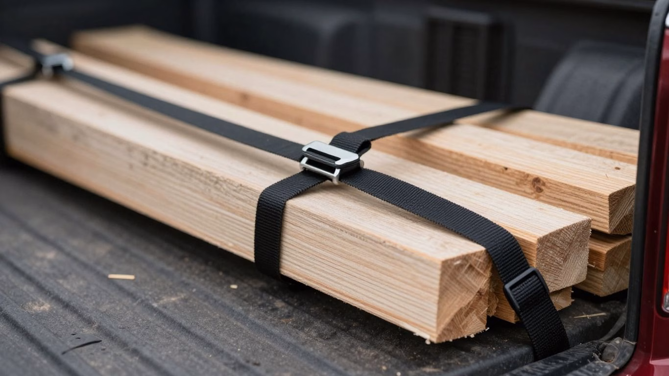 Ratchet strap securing cargo on a truck bed.