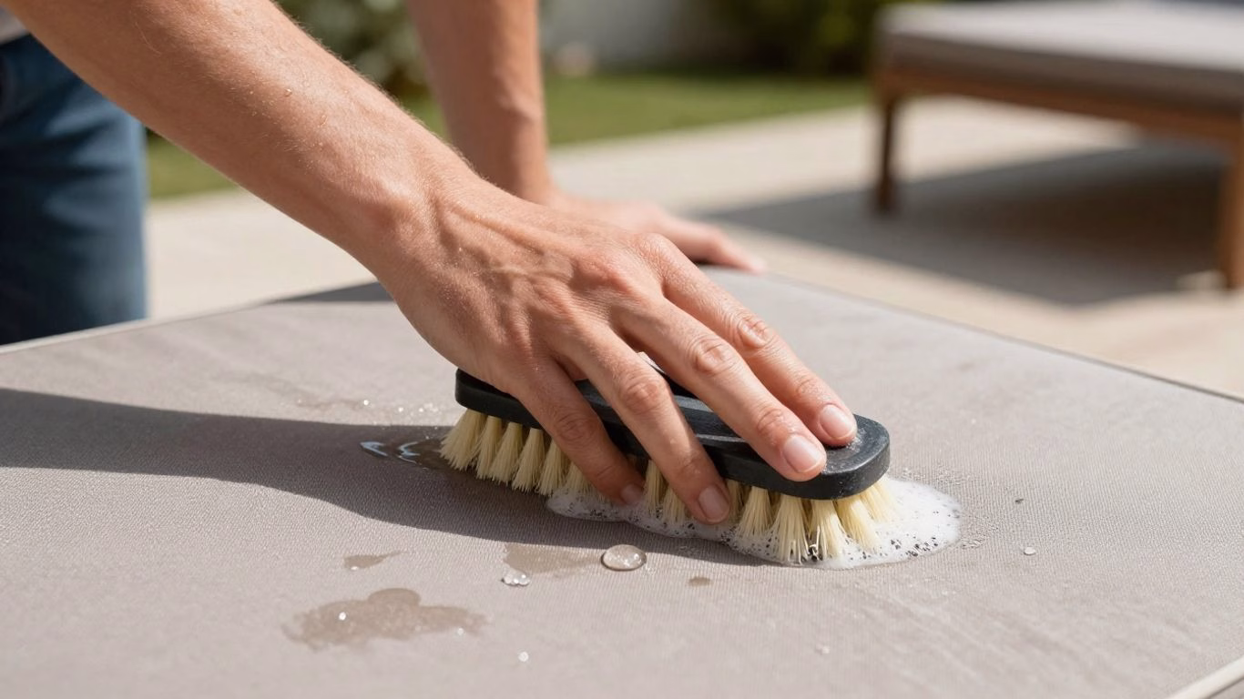 Cleaning outdoor patio cushions with a brush and water.