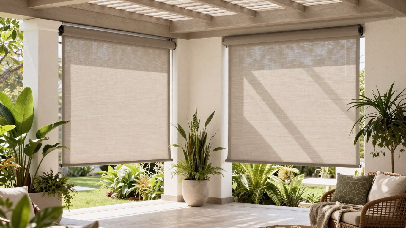 Patio with outdoor roller blinds providing shade.