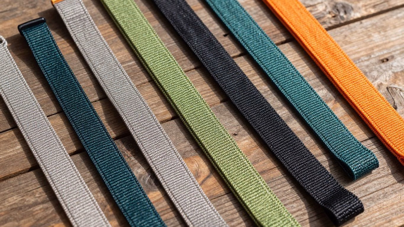 Outdoor garden furniture webbing samples on wood.