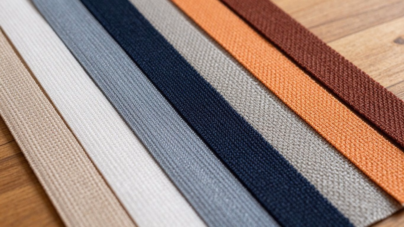 Various widths of webbing laid out on a wooden surface.