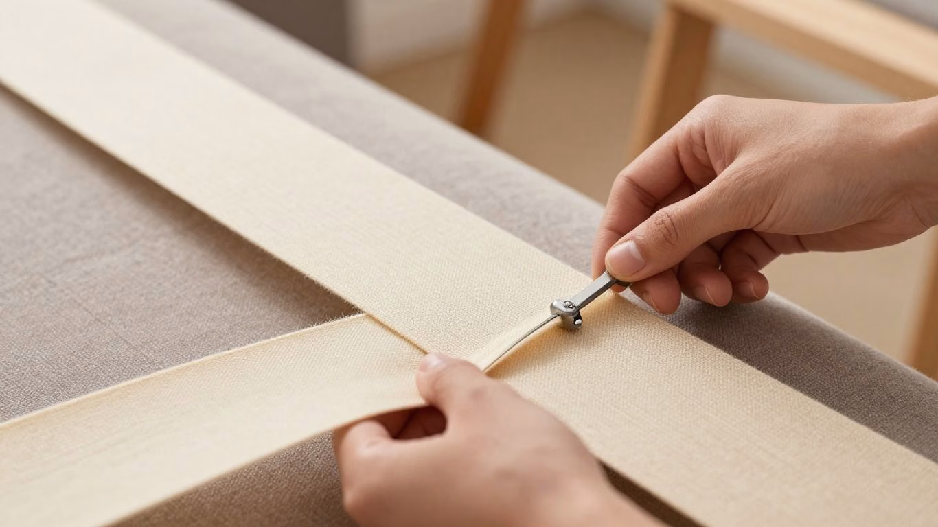 Tensioning webbing on a couch with a tool.