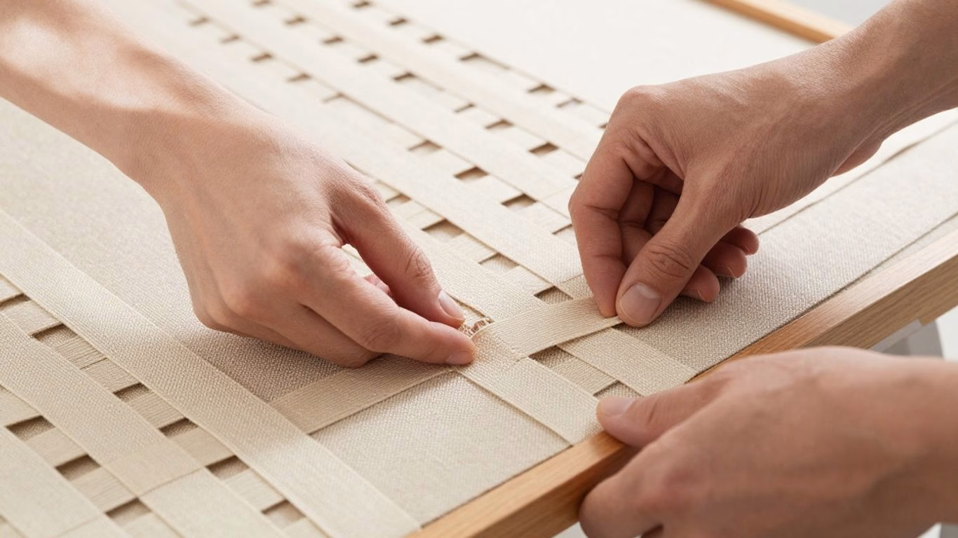 Hands interlacing upholstery webbing on furniture frame.