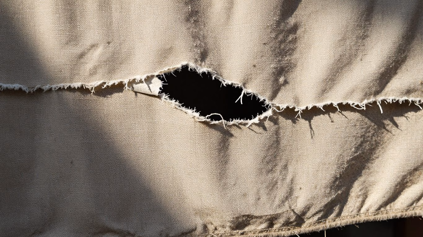 Torn canvas awning with sunlight shining through.