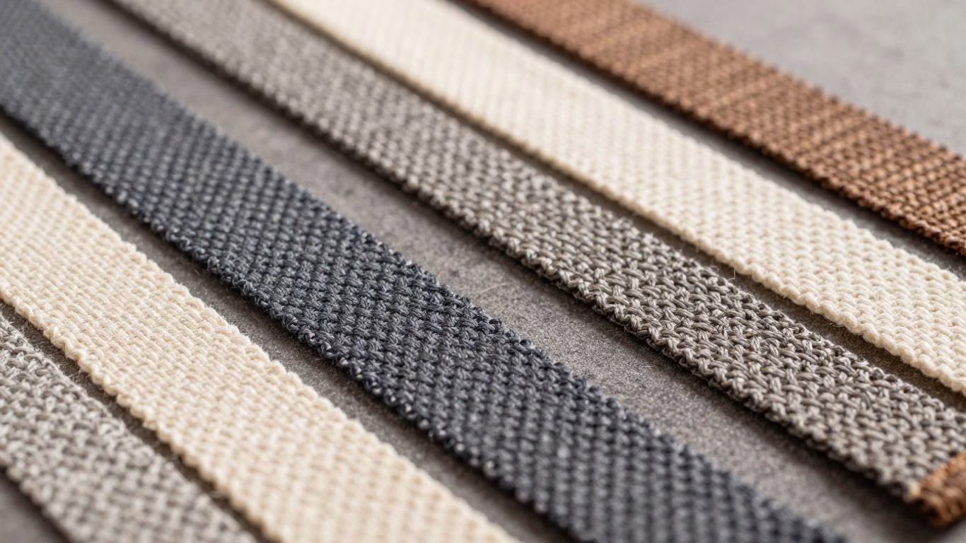 Various upholstery webbing types laid out flat.
