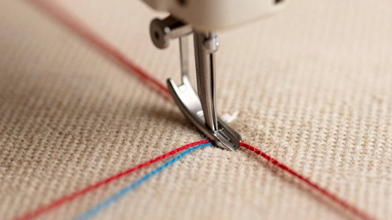 Sewing machine needle stitching through canvas fabric.