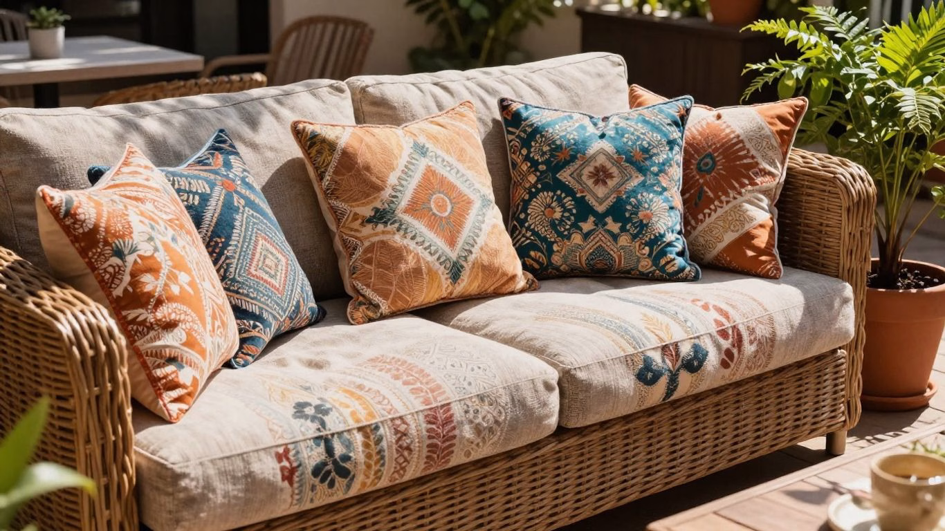 Colorful outdoor cushions on a sunny patio.