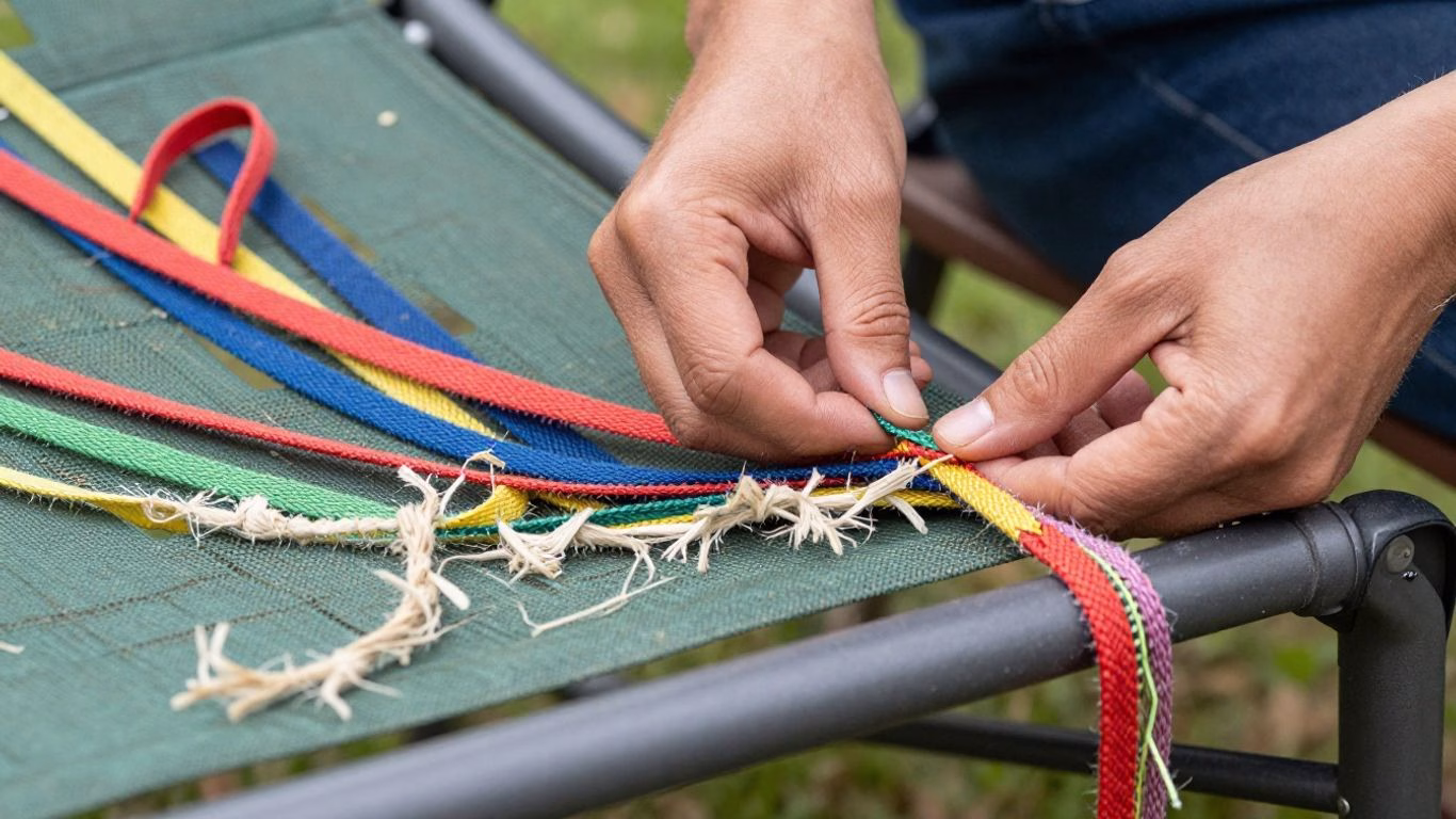 Replacing patio chair webbing with new material.
