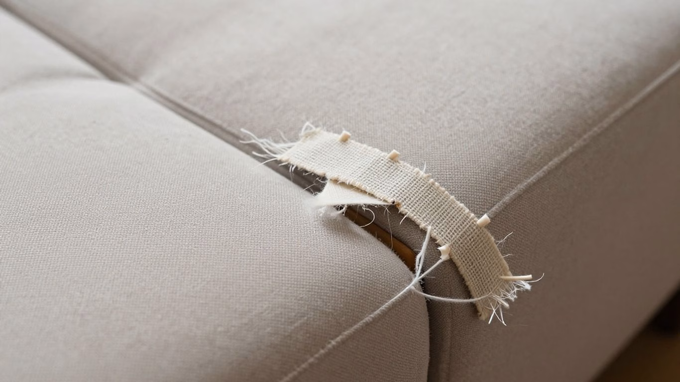 Broken furniture webbing with frayed edges.